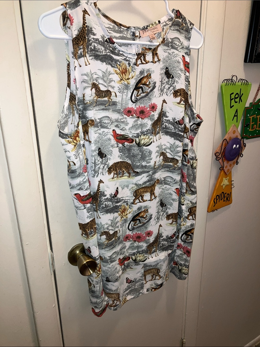 Philosophy White Tank Top with Multi-Colored Wildlife Print